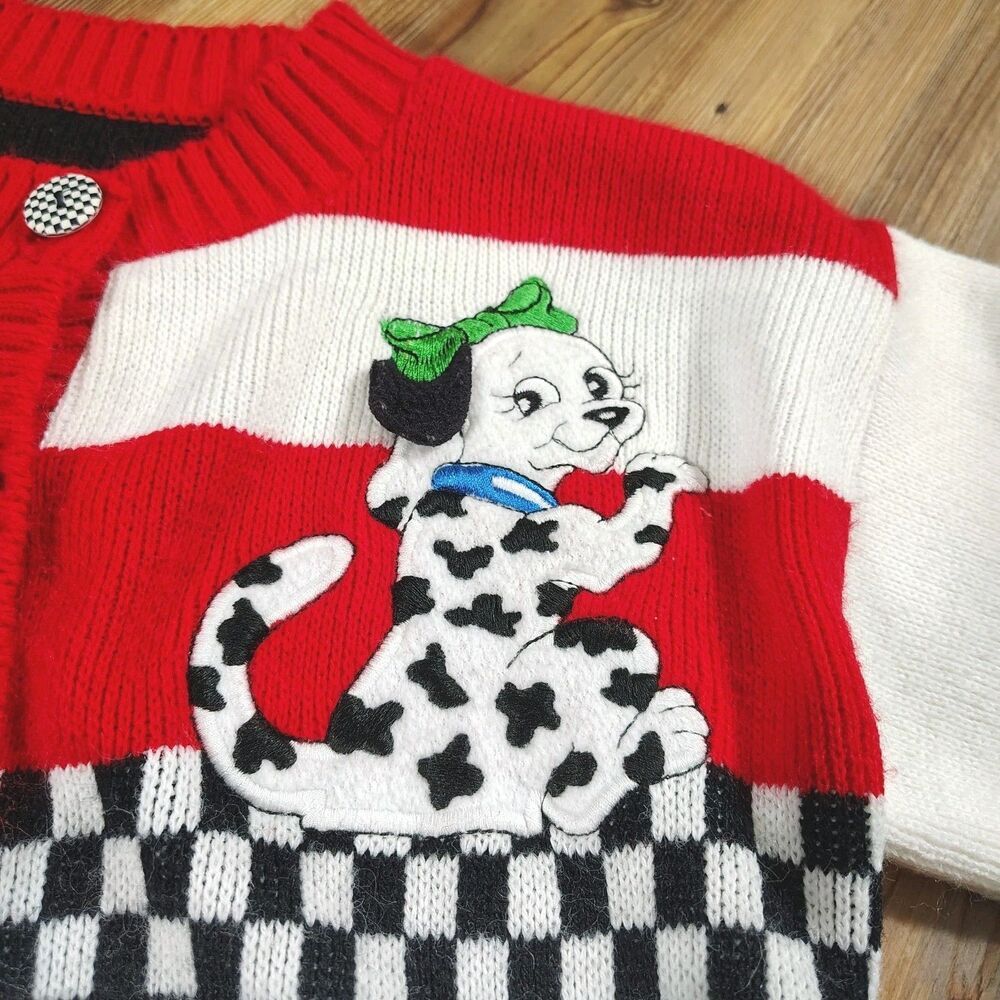 Vintage 90s Dalmatian Dog Cardigan Sweater Girls No Size Patchwork Knit Heart - Picture 3 of 7